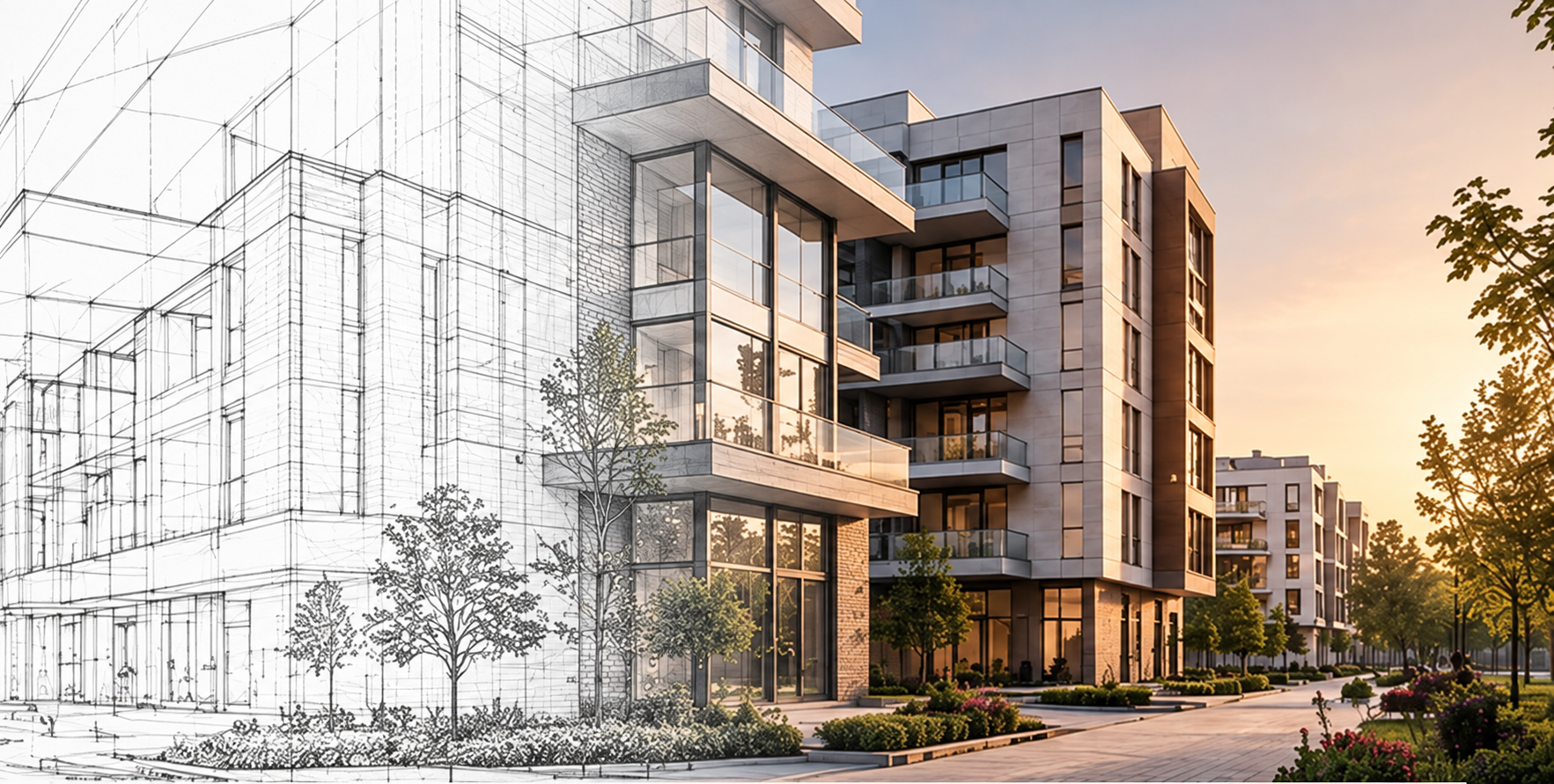Wizualizacja architektury łącząca rysunek techniczny z nowoczesnym budynkiem